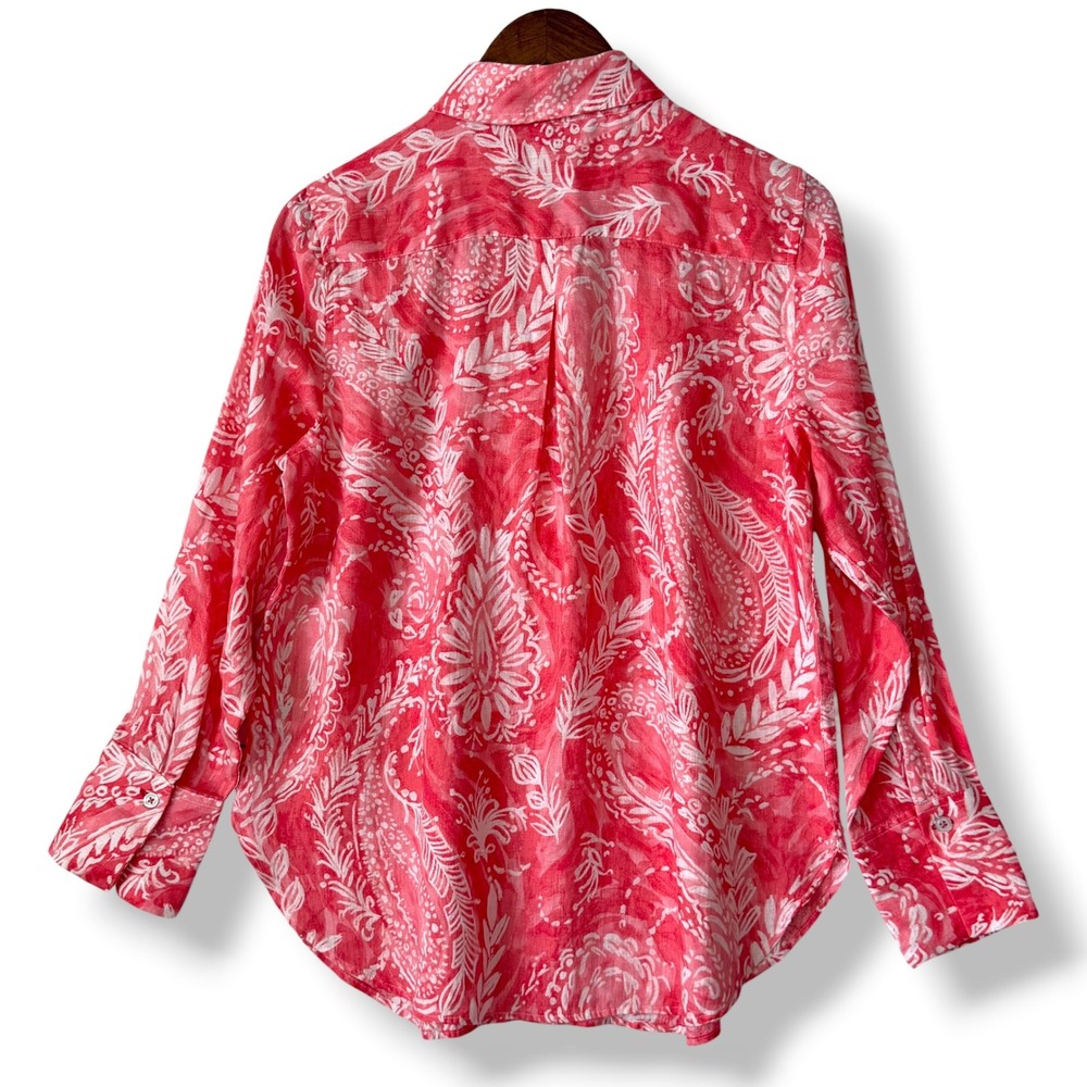 Talbots Petite MP 100% Linen Button Up Blouse Coral Pink White Vacation Coastal - Picture 2 of 11